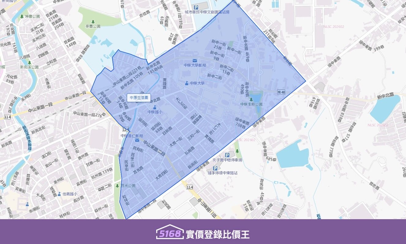 中原大學生活圈以中原大學為心臟，延伸中北路、實踐路、日新路。圖／5168實價登錄比價王