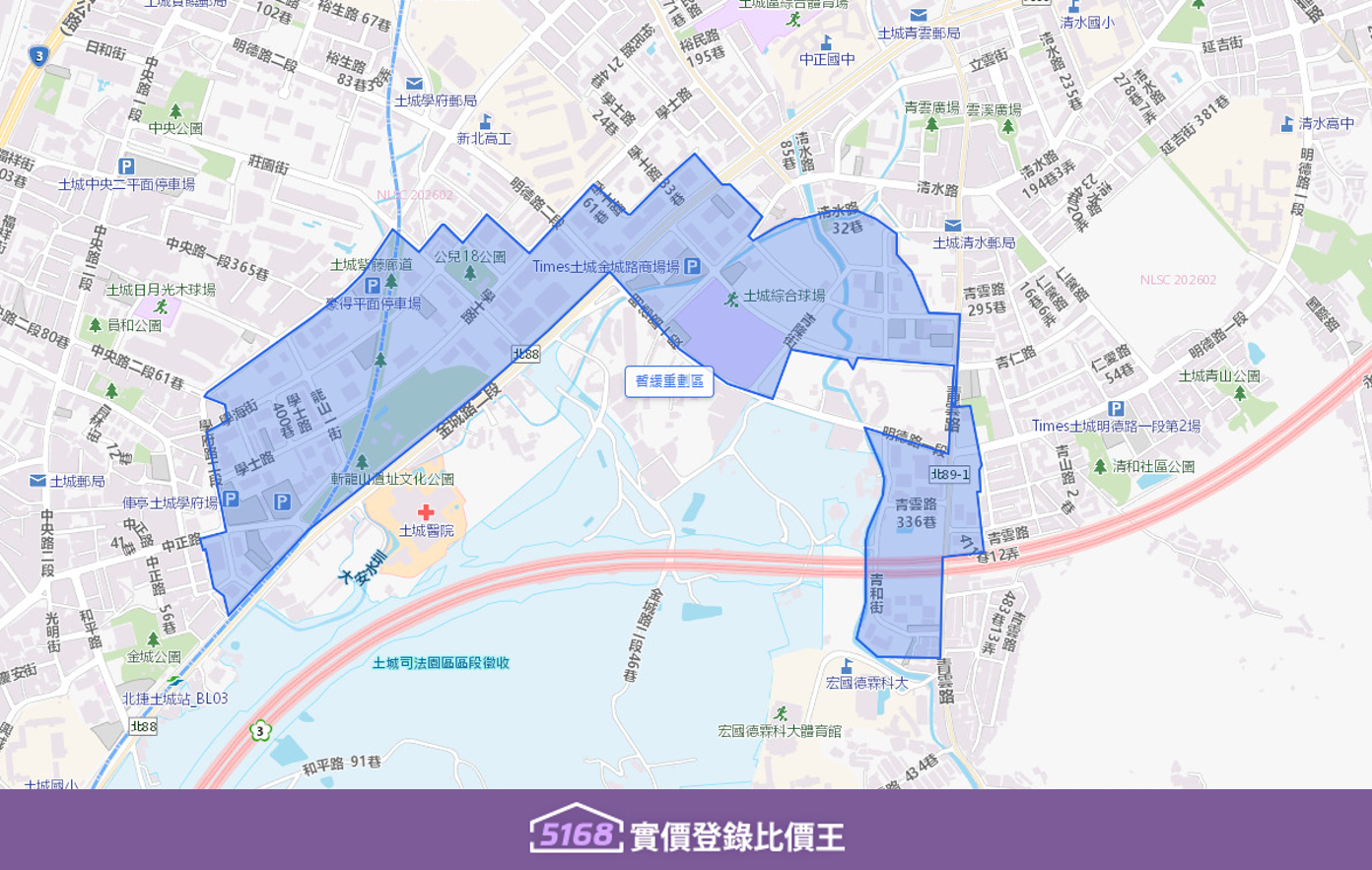 暫緩重劃區位於板南線的中段，且具備萬大線與國道三號的雙重交通加值。並利用舊市區的海山、金城路商圈，以及土城醫院的即戰力，無需忍受重劃區的機能真空期。製圖／5168實價登錄比價王