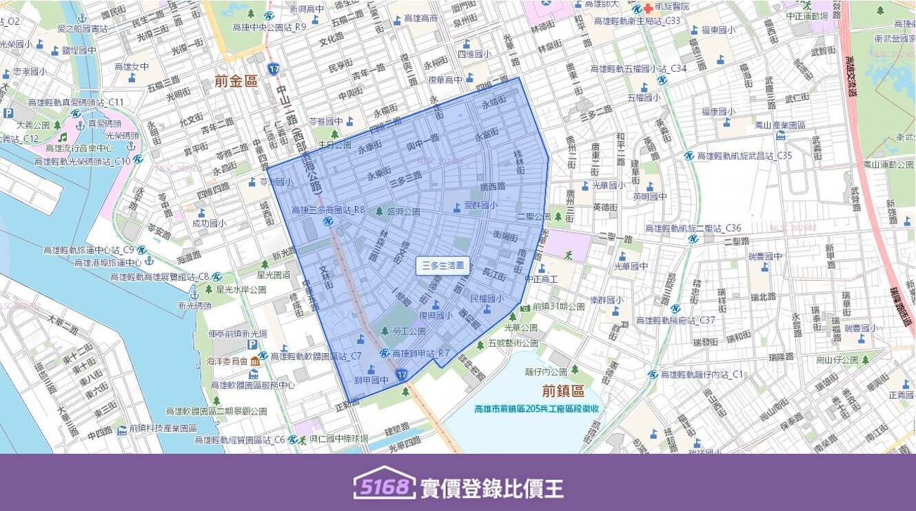 三多生活圈以三多三路、中山二路交叉口為圓心，涵蓋SOGO、新光三越、大遠百。圖／5168實價登錄比價王