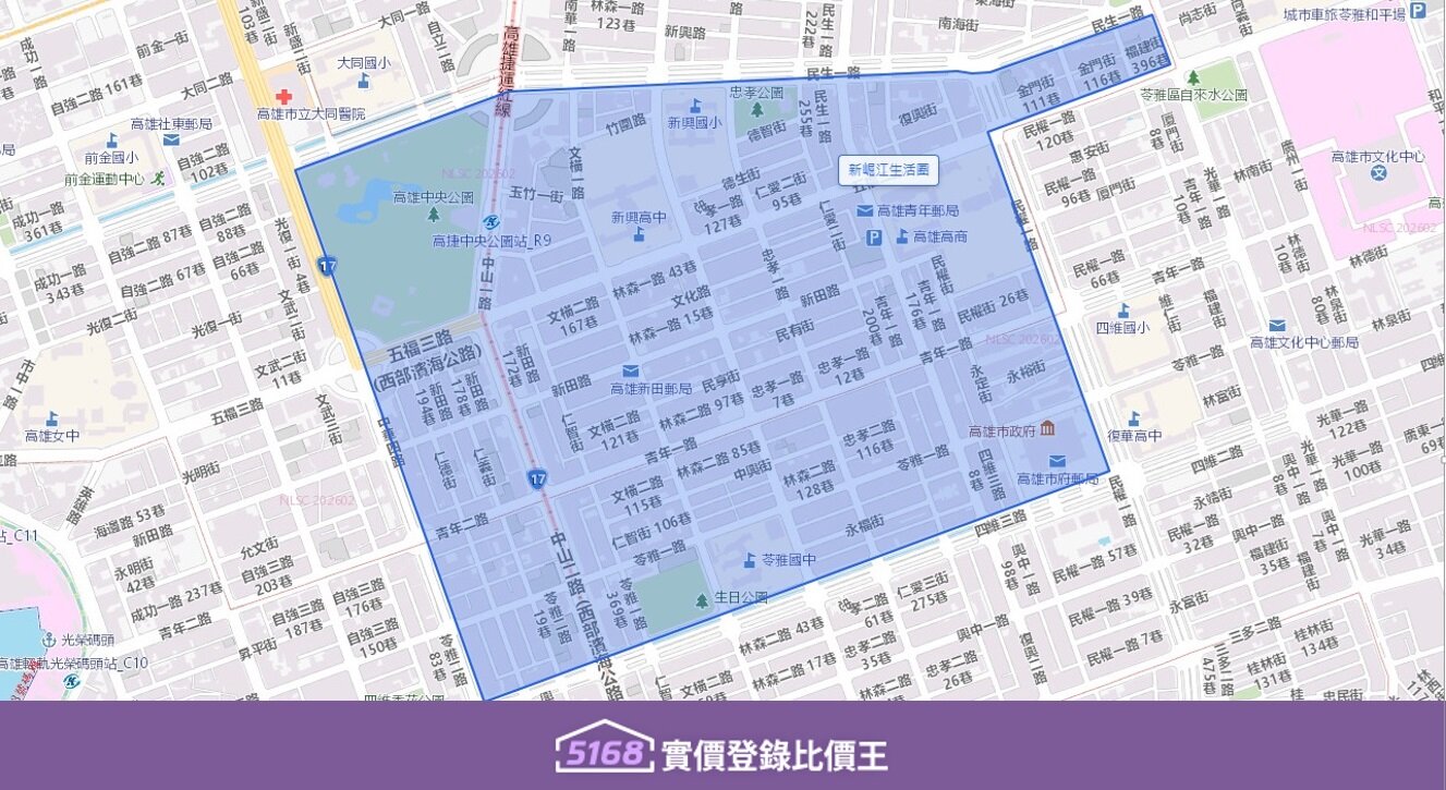 主要以五福二路與中山一路的交叉口為核心，向外擴散。圖／5168實價登錄比價王
