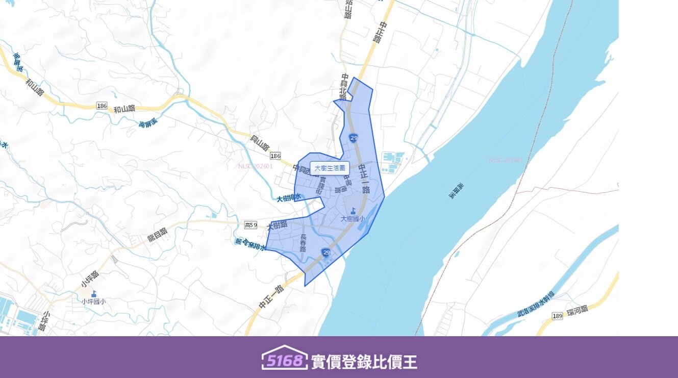 大樹生活圈核心範圍包含大樹里與檨腳里。重要地標有大樹區公所、大樹國小、大樹國中。圖／5168實價登錄比價王