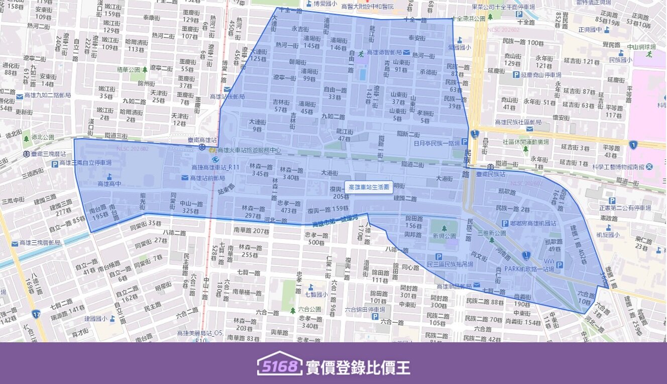 以高雄新站為中心。北自約至熱河一街、十全路一帶至南延伸至七賢路、六合夜市一帶。圖／5168實價登錄比價王