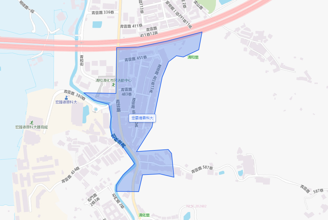 宏國德霖科技大學周邊主要由青雲路和清水路環繞而成，形成具備學術氛圍與庶民生活氣息的複合式機能區。製圖／5168實價登錄比價王