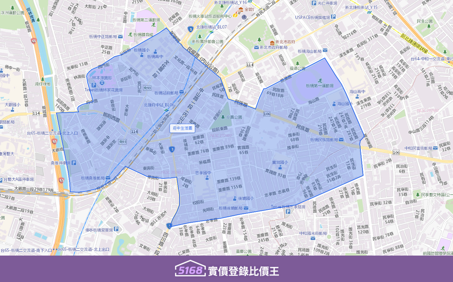 以捷運府中站為核心，集結傳統的黃石市場、潮流的府中商圈、悠久的林家花園，提供食衣住行育樂全方位滿足的豐富機能。製圖／5168實價登錄比價王