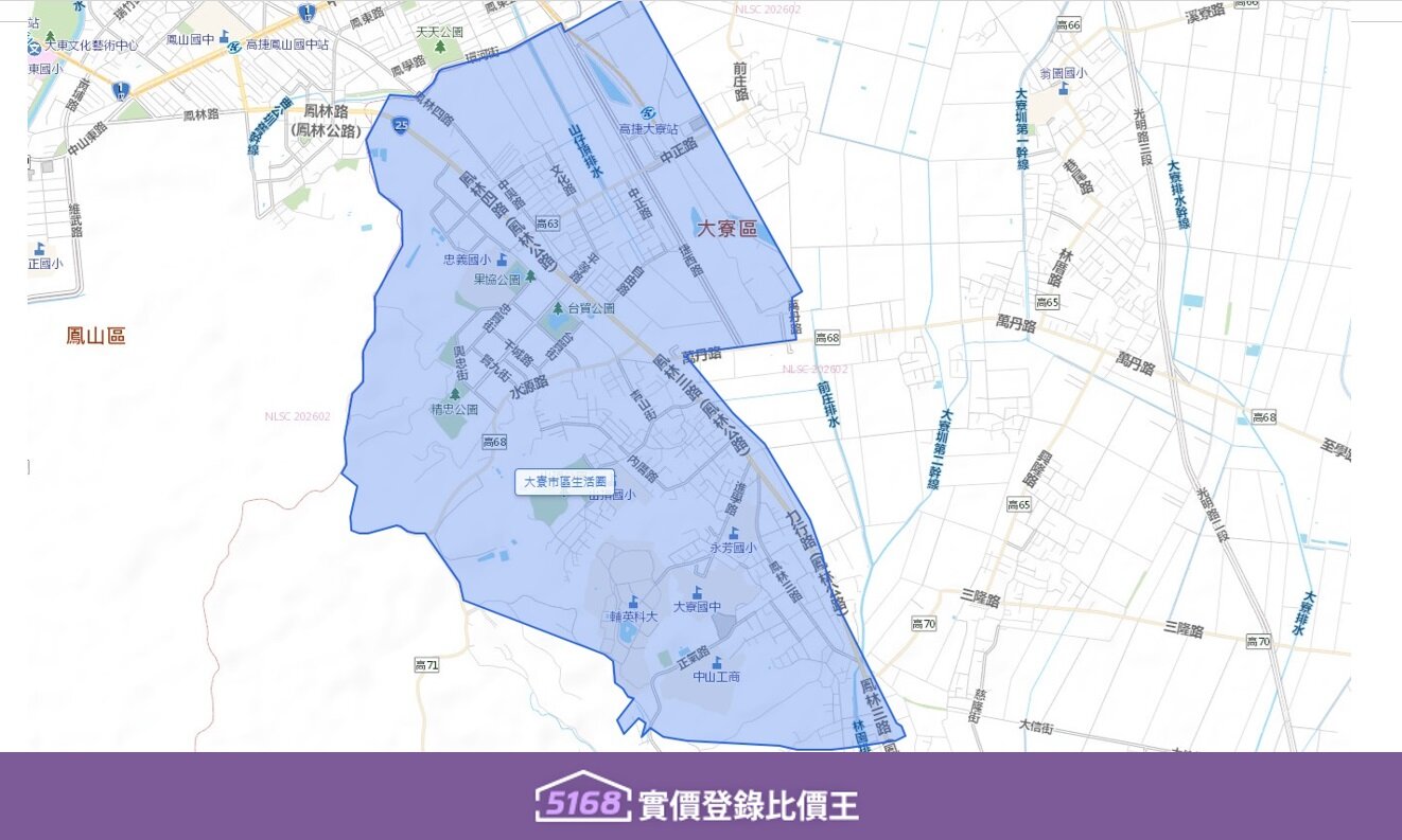 向北延伸至捷運大寮站，向東連接至大發工業區與和發產業園區的邊緣。圖／5168實價登錄比價王