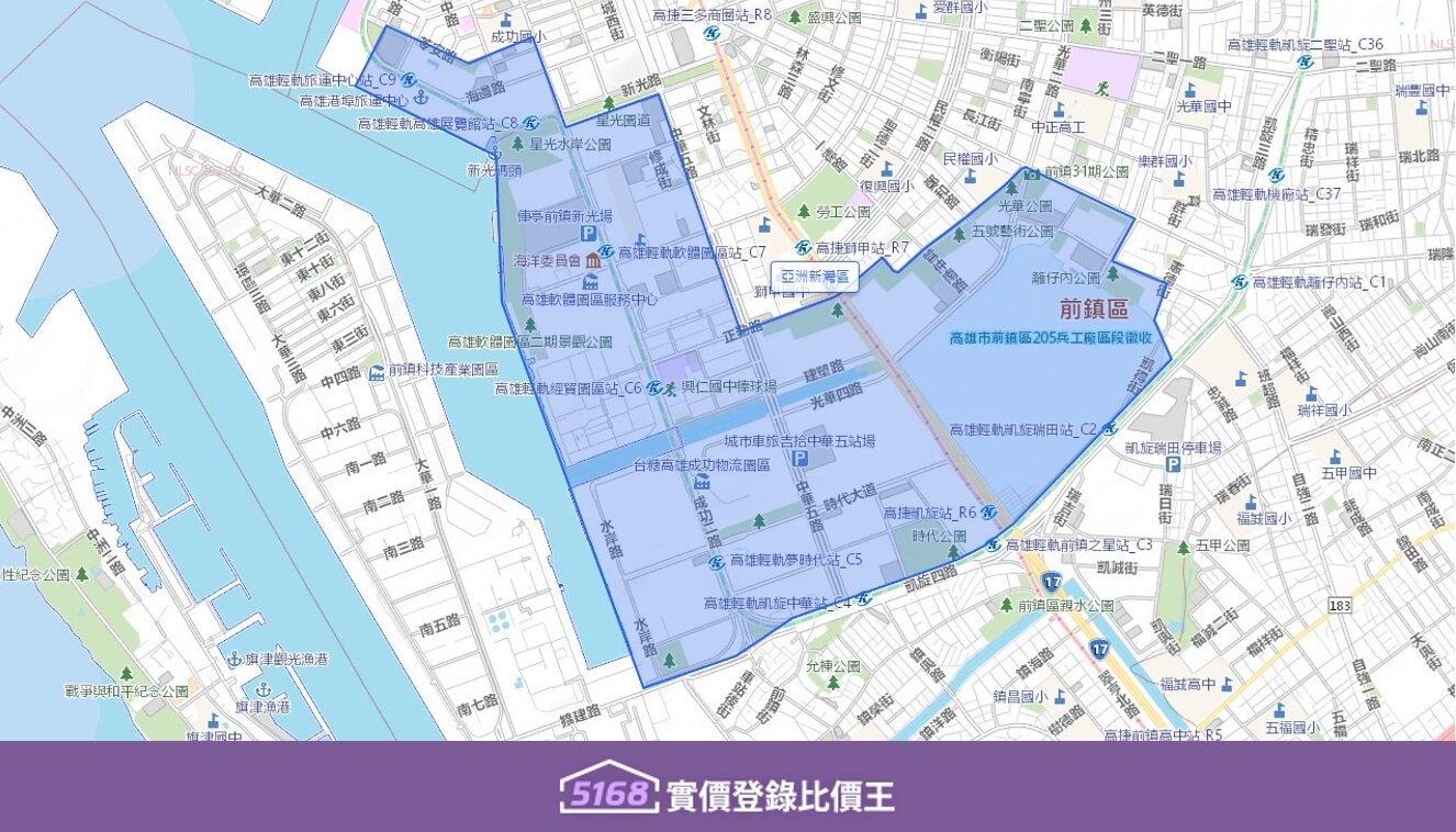亞洲新灣區以成功路、中華路為主要軸線，北起五福路南至凱旋路。圖／5168實價登錄比價王