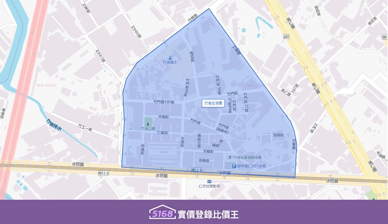 竹後生活圈以鳳仁路與水管路為兩大十字動脈。圖／5168實價登錄比價王