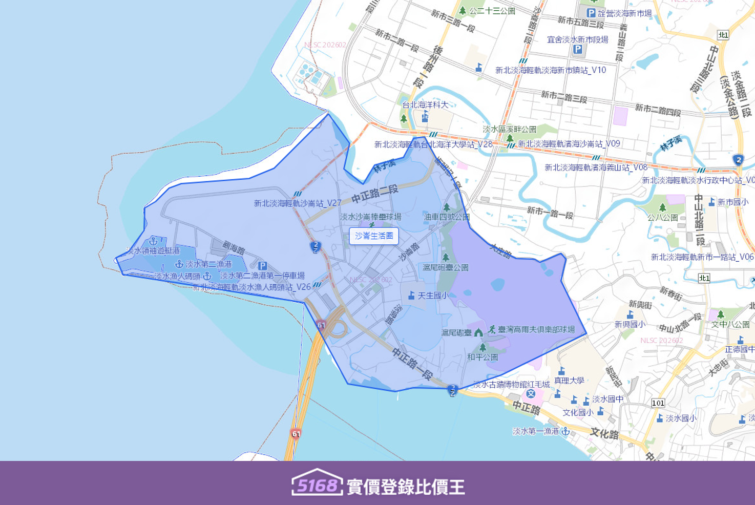 沙崙生活圈以沙崙路為主要幹道，串聯淡水舊市區與淡海新市鎮，地理位置獨特，兼具舊市區的歷史情懷與新市鎮的整齊規畫。製圖／5168實價登錄比價王