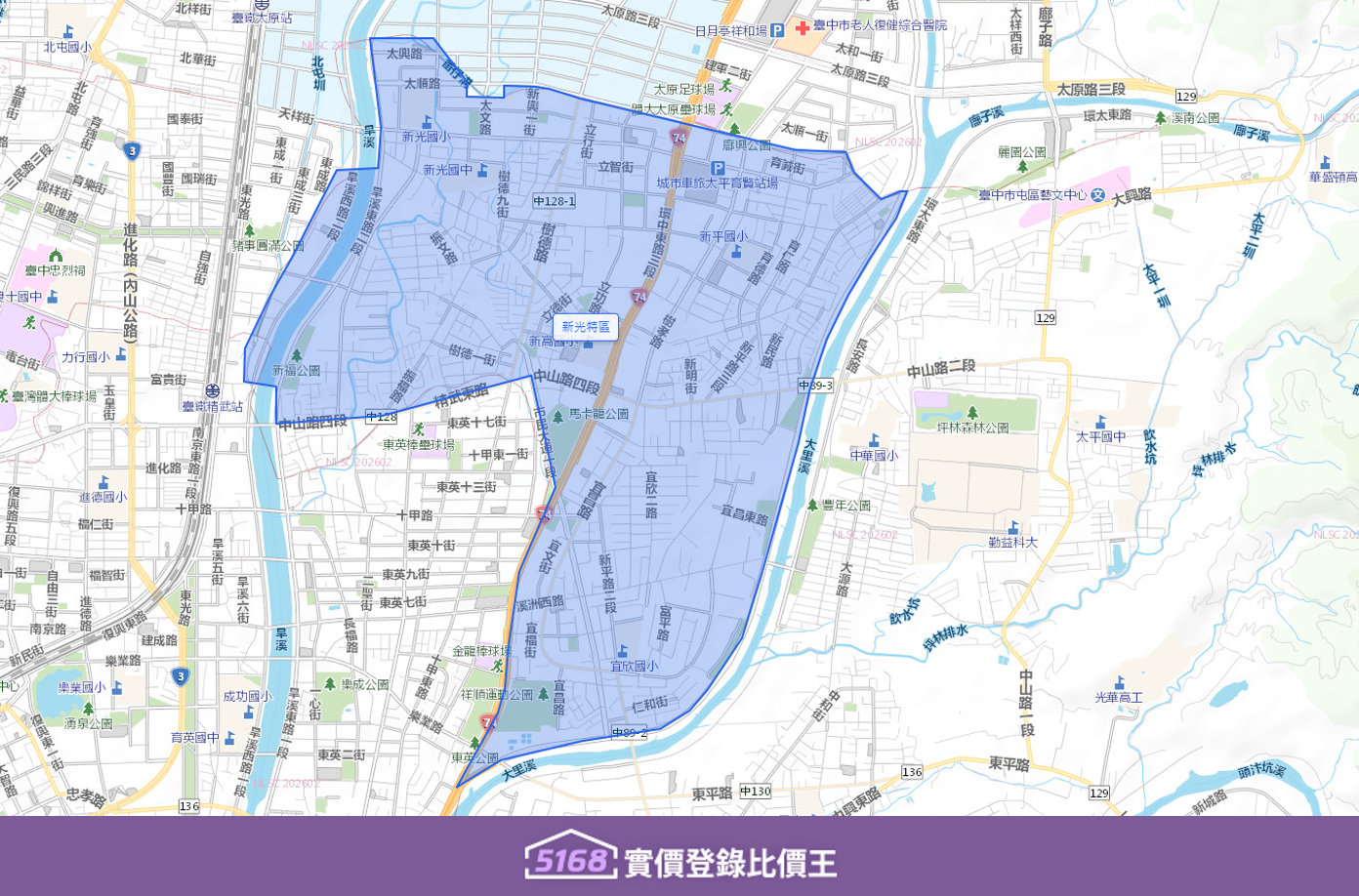 新光特區的東側以環太東路為界，西抵旱溪西路，，道路採棋盤式規劃，街廓整齊寬敞，並預留大量的公共設施用地。製圖／5168實價登錄比價王