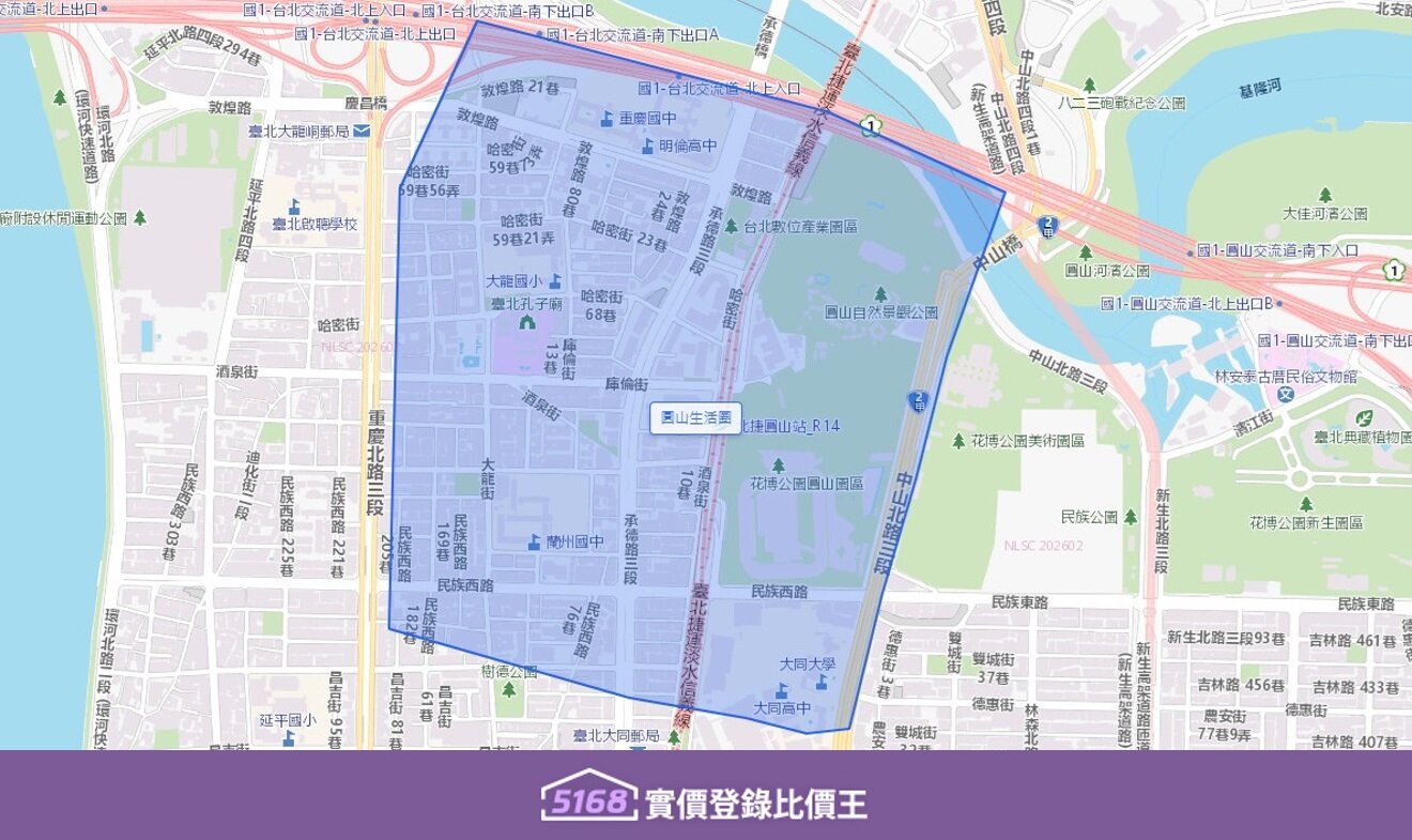圓山生活圈東側以中山北路三段為主，西側延伸至重慶北路三段。圖／5168實價登錄比價王