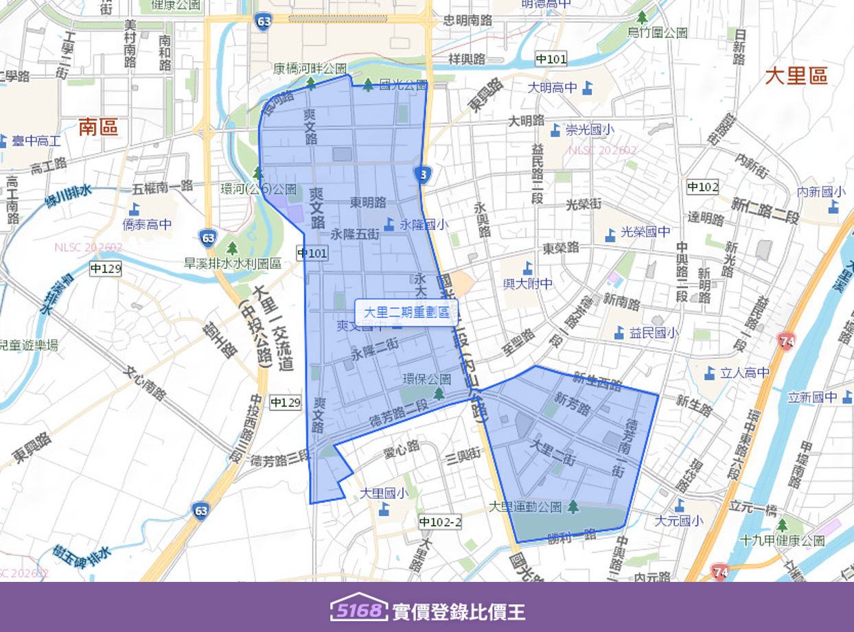 大里二期重劃區以純住宅、高品質的居住氛圍著稱，核心範圍涵蓋了爽文路、永隆路、新芳路等主要路段。製圖／5168實價登錄比價王