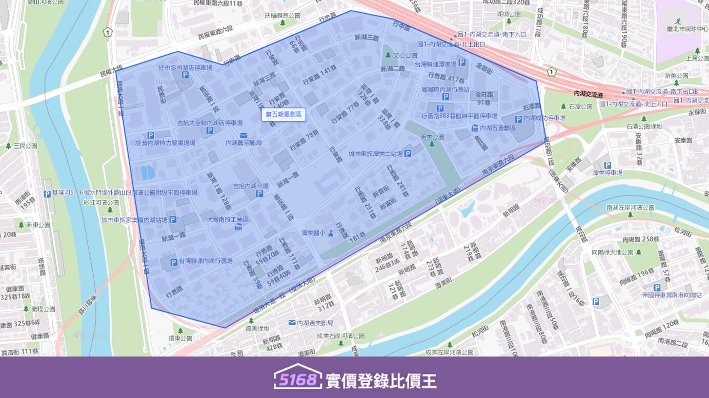 第五期重劃區範圍，以北至行善路，南至南京東路六段。圖／5168實價登錄比價王製作