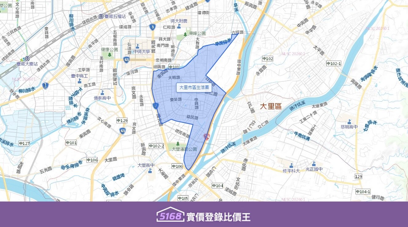 大里市區生活圈主要以國光路二段、三段、中興路二段為主要的商業與交通動脈。圖／5168實價登錄比價王
