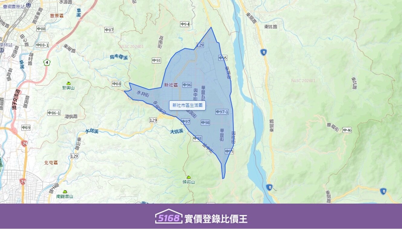 新社市區生活圈緊鄰新社里，有學校與更多居住區域，是生活機能的重要延伸。圖／5168實價登錄比價王