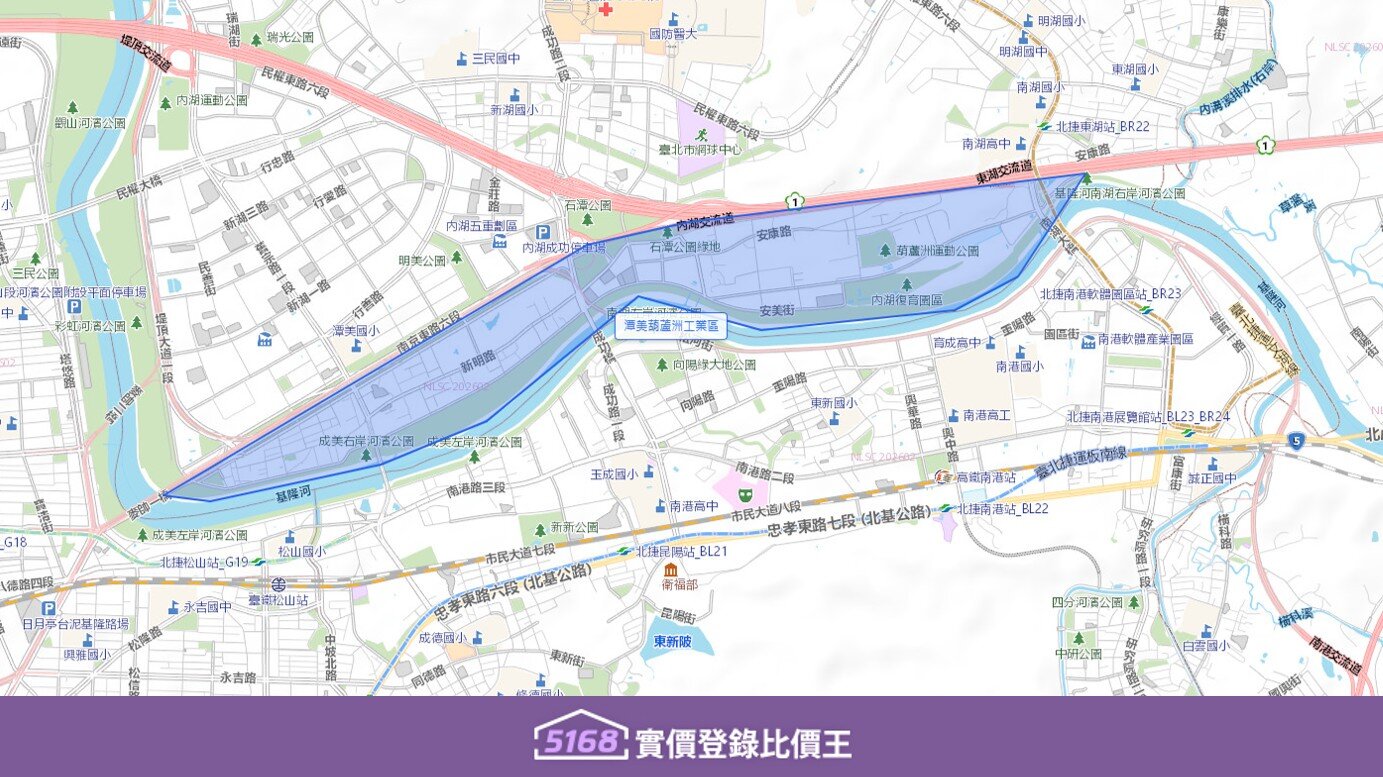 潭美葫蘆洲工業區範圍往北以安康路為主要界線，往南緊貼潭美街與基隆河堤。圖／5168實價登錄比價王製作