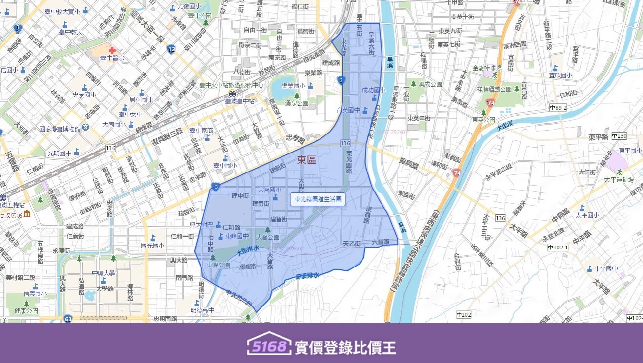 東光綠園道生活圈位於台中市東區，並延伸至部分南區與北區的交界地帶。圖／5168實價登錄比價王