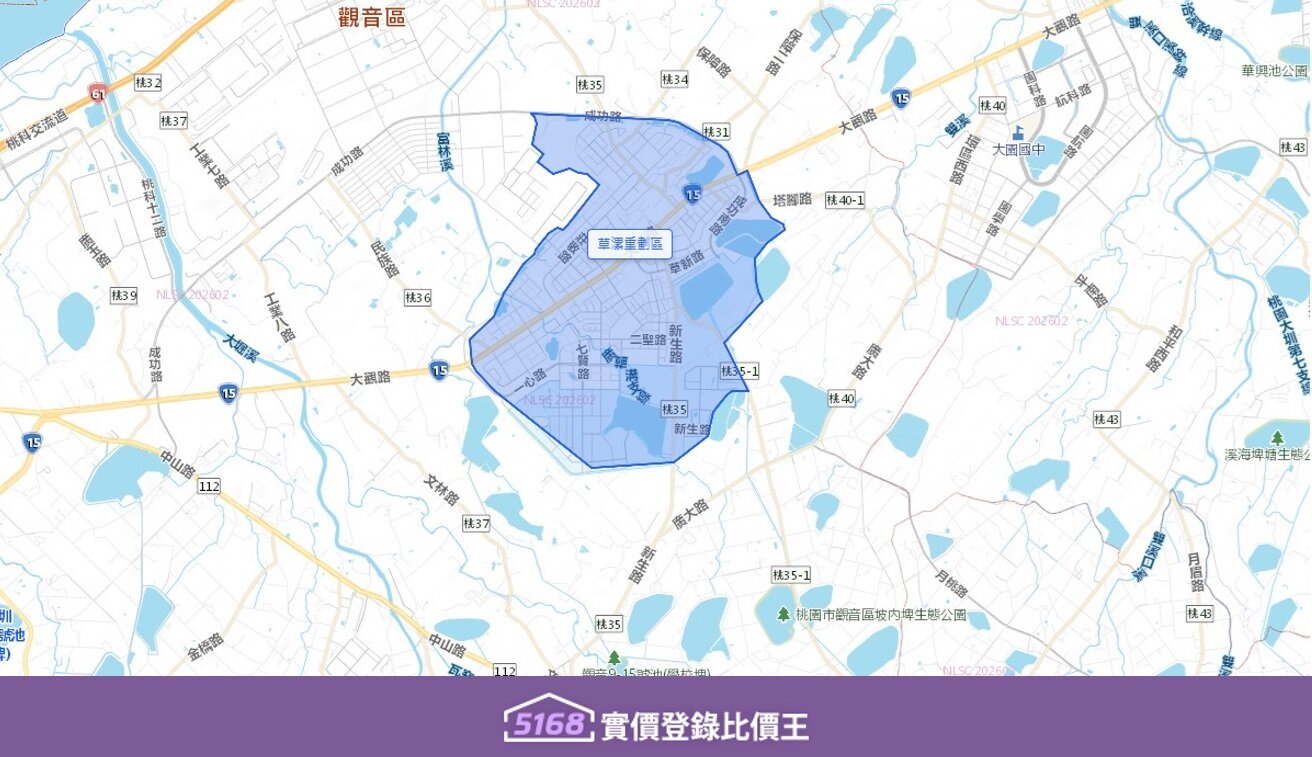 草漯重劃區舊市區核心在大觀路二段一帶。圖／5168實價登錄比價王