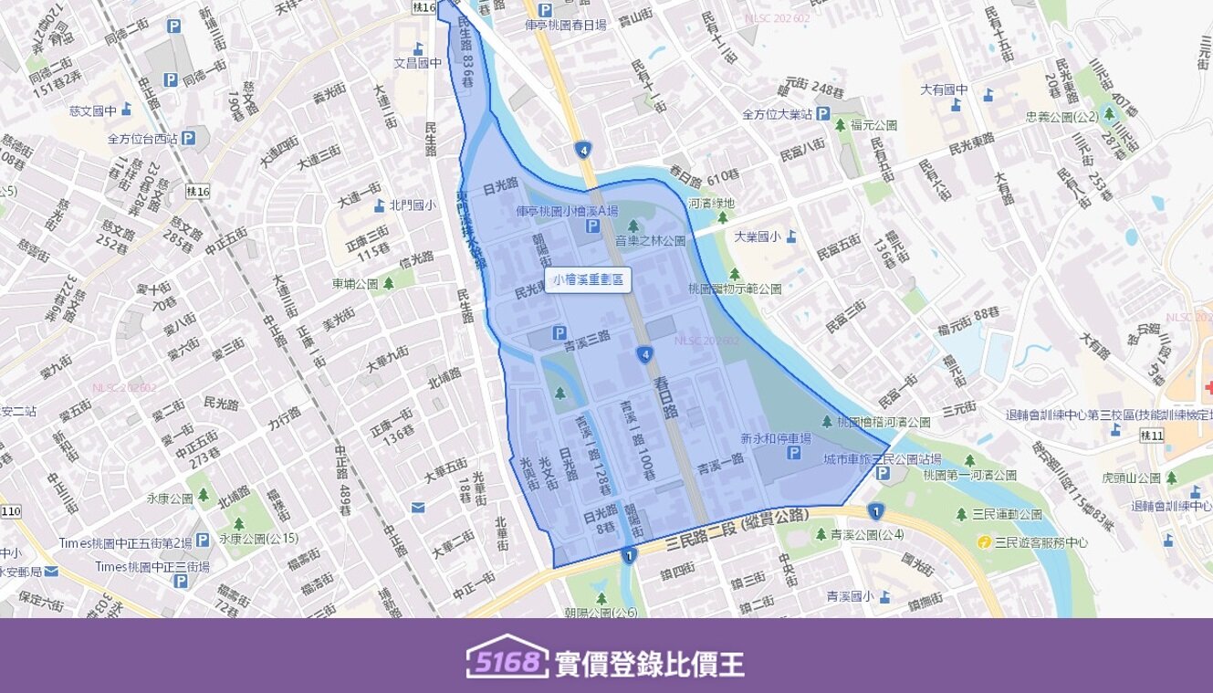 小檜溪重劃區位於桃園區東北側，東側緊鄰龜山區。它被三條溪流環繞。圖／5168實價登錄比價王