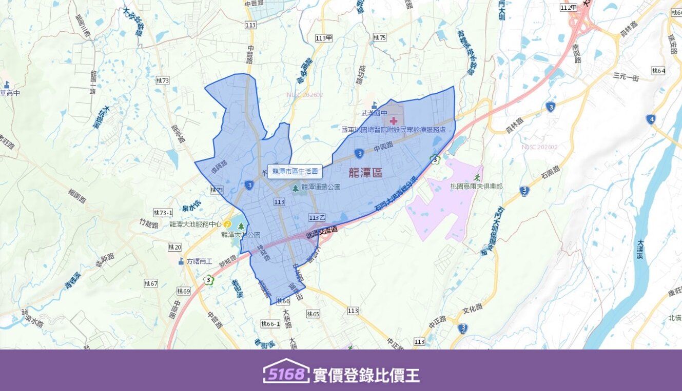 龍潭市區生活圈圍繞著中正路、東龍路、大同路一帶，並涵蓋龍潭大池風景區周邊。圖／5168實價登錄比價王