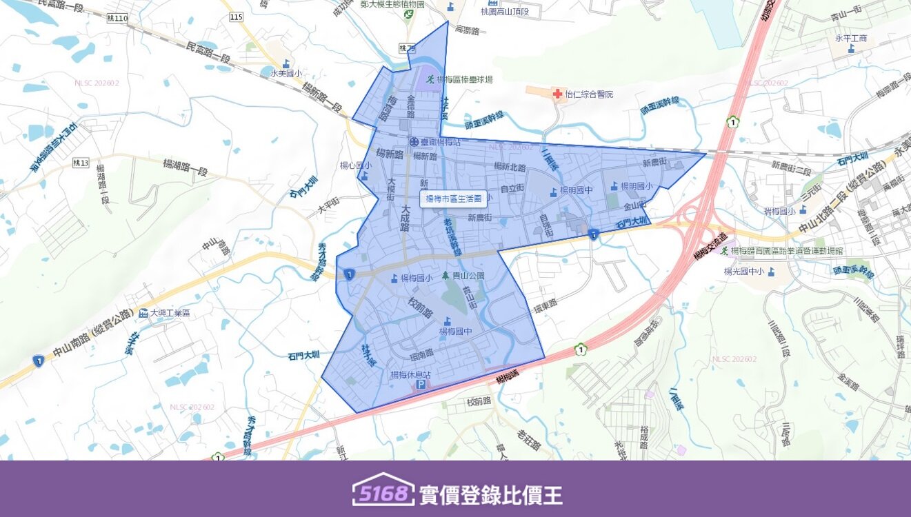 楊梅市區生活圈以楊梅火車站為圓心，步行或騎車5～10分鐘可達的範圍。圖／5168實價登錄比價王