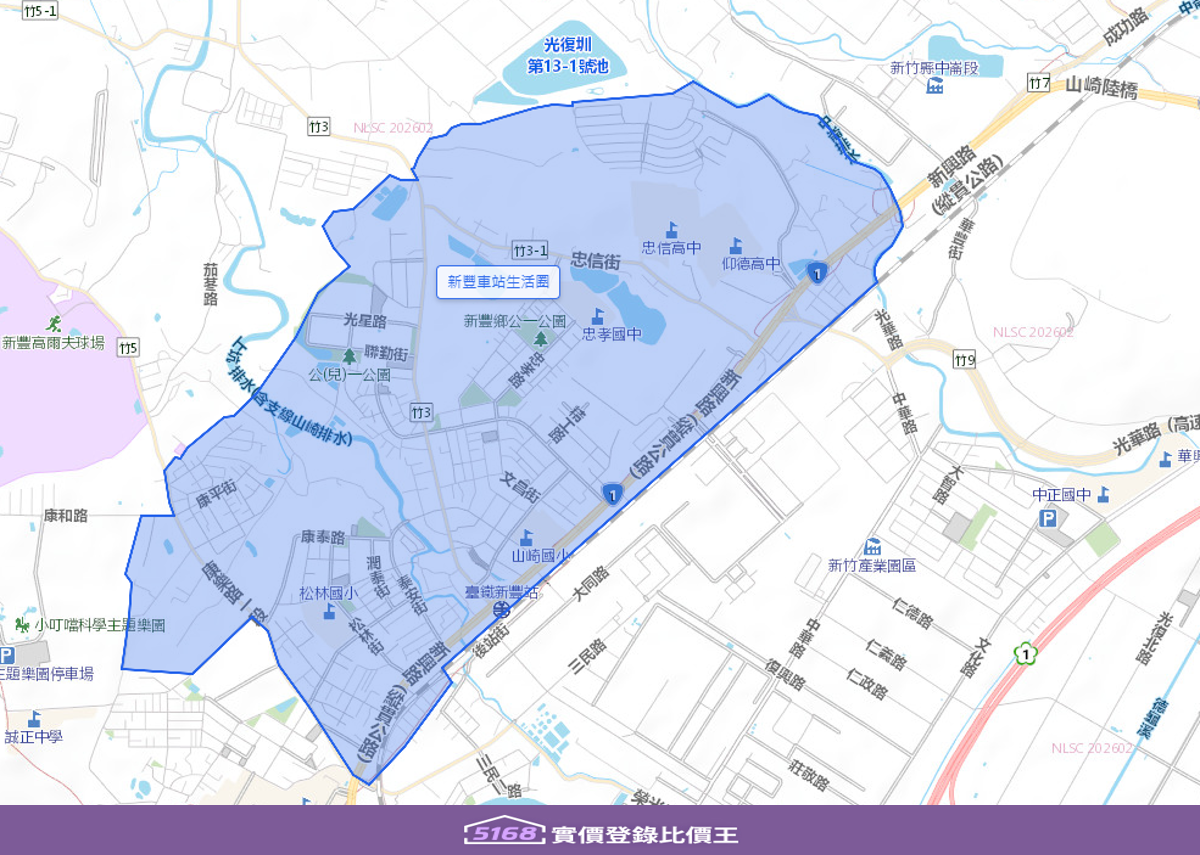 新豐車站生活圈以新豐車站為核心，開發早、機能成熟，大樓與透天建案並行，因房價較竹北、新竹市親民，成為工程師與當地首購的房市熱區。製圖／5168實價登錄比價王