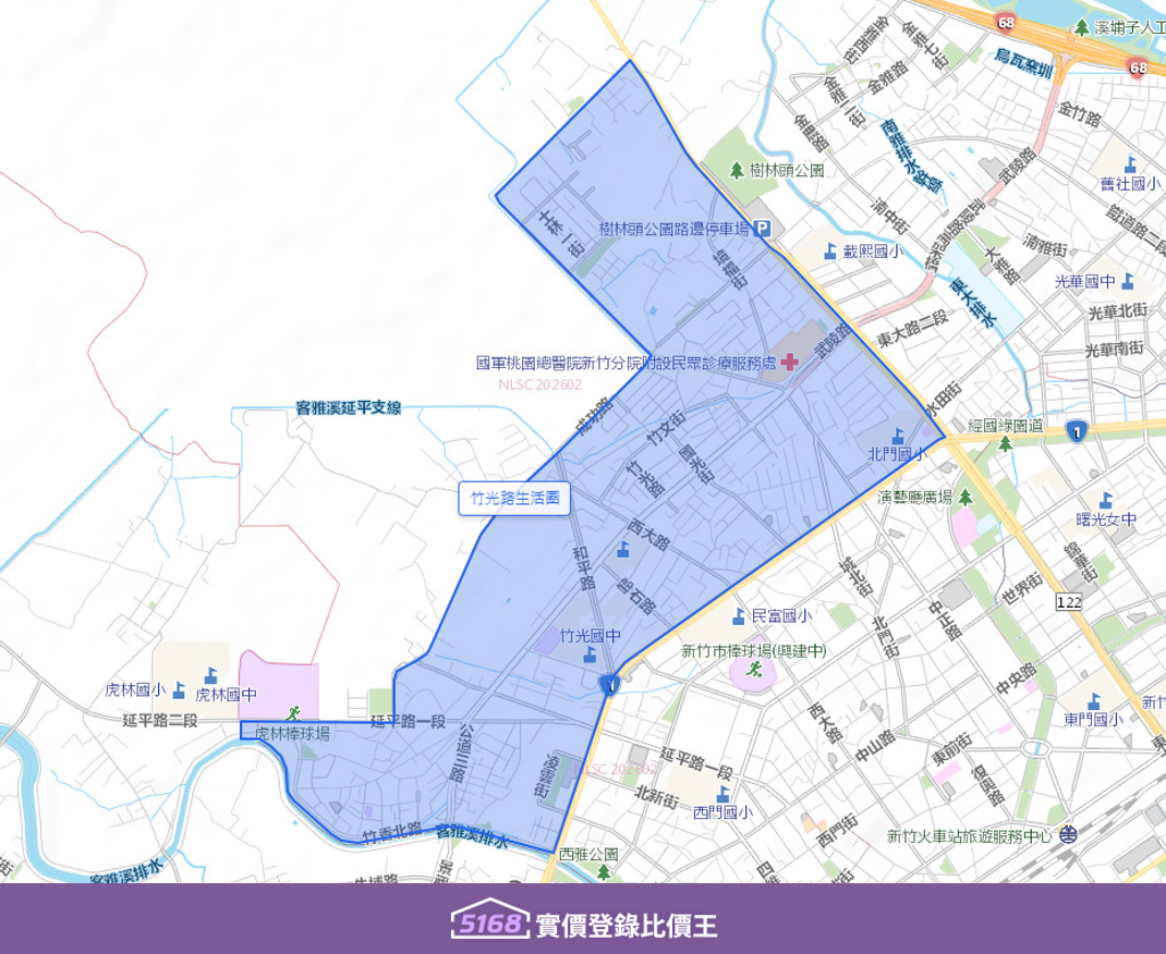 竹光路生活圈以竹光路、西大路及中正路為核心，鄰近公道三路，能快速串聯台68線快速道路，對於通勤族極具吸引力。製圖／5168實價登錄比價王