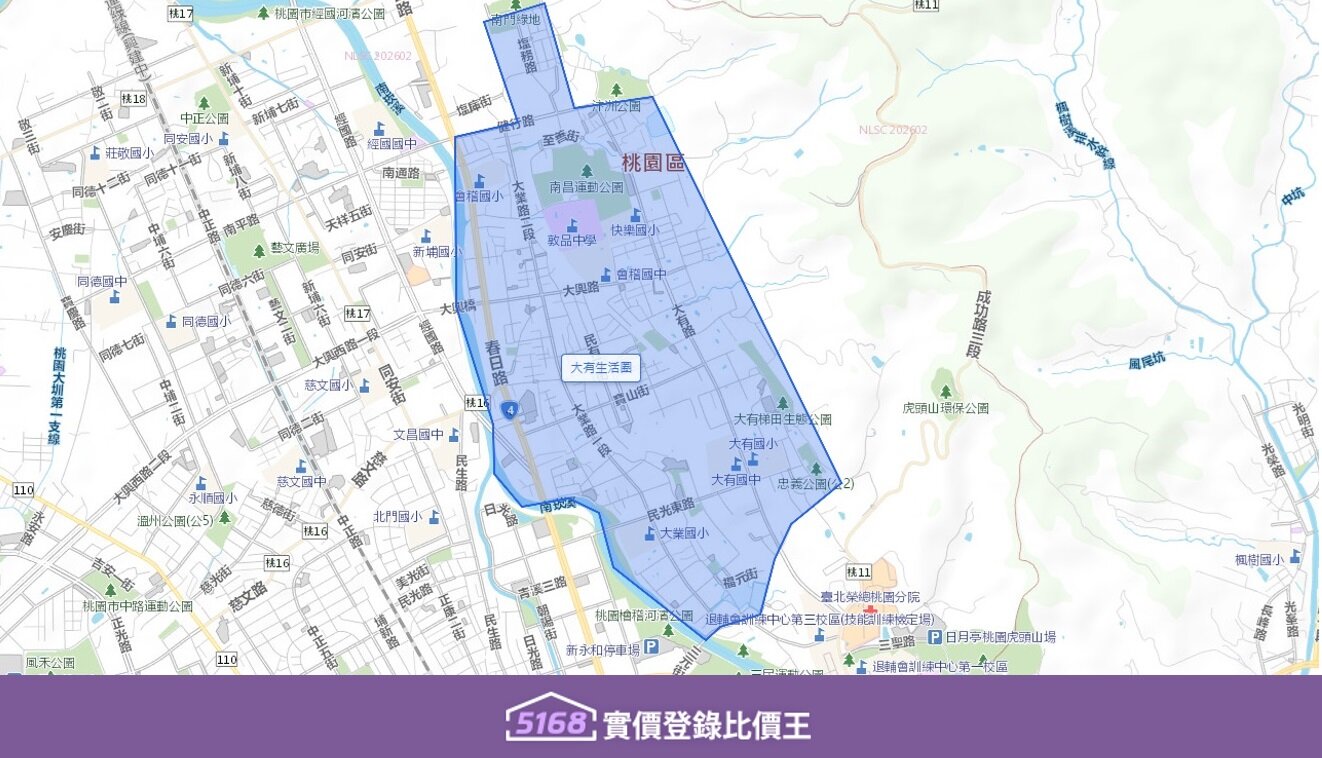 大有生活圈主要被2條重要主幹道大業路和大有路圍繞而成的區塊。圖／5168實價登錄比價王