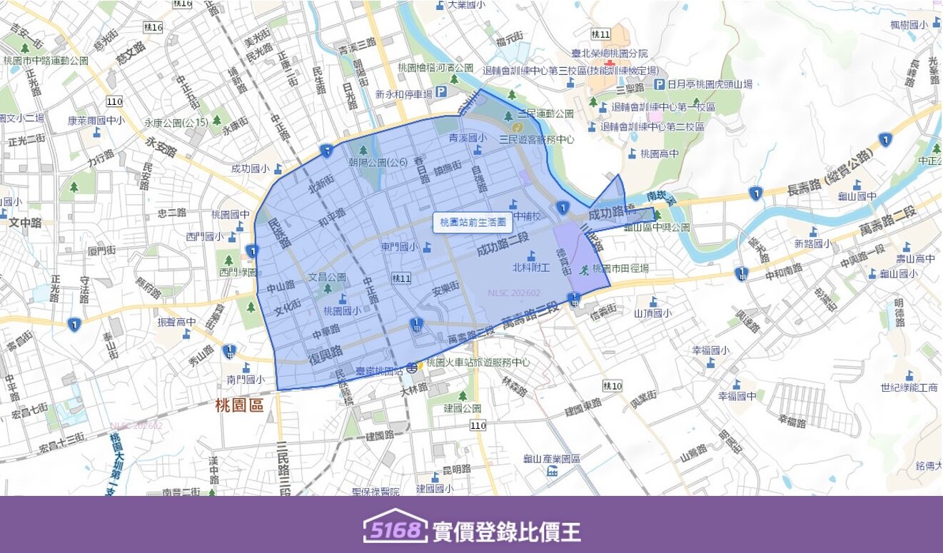 桃園站前生活圈北至成功路一段，南抵南門市場及南門公園。圖／5168實價登錄比價王