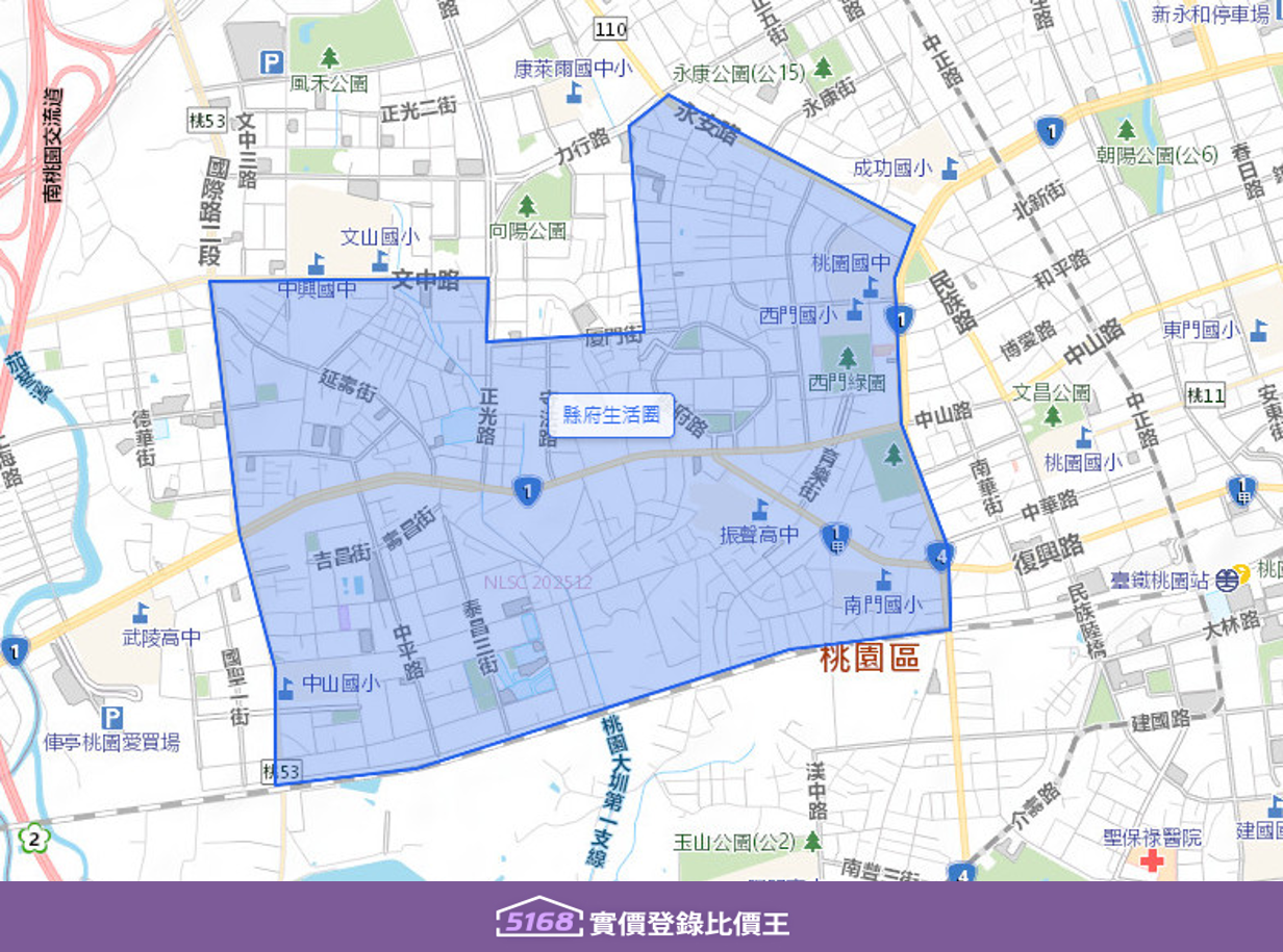 縣府生活圈緊鄰桃園火車站商圈，是桃園精華地段之一，以桃園市政府、桃園市議會及周邊的法院、警察局等行政機關為核心，向外擴展。由於行政中心與商業機能高度集中，擁有強勁的保值與抗跌性。製圖／5168實價登錄比價王