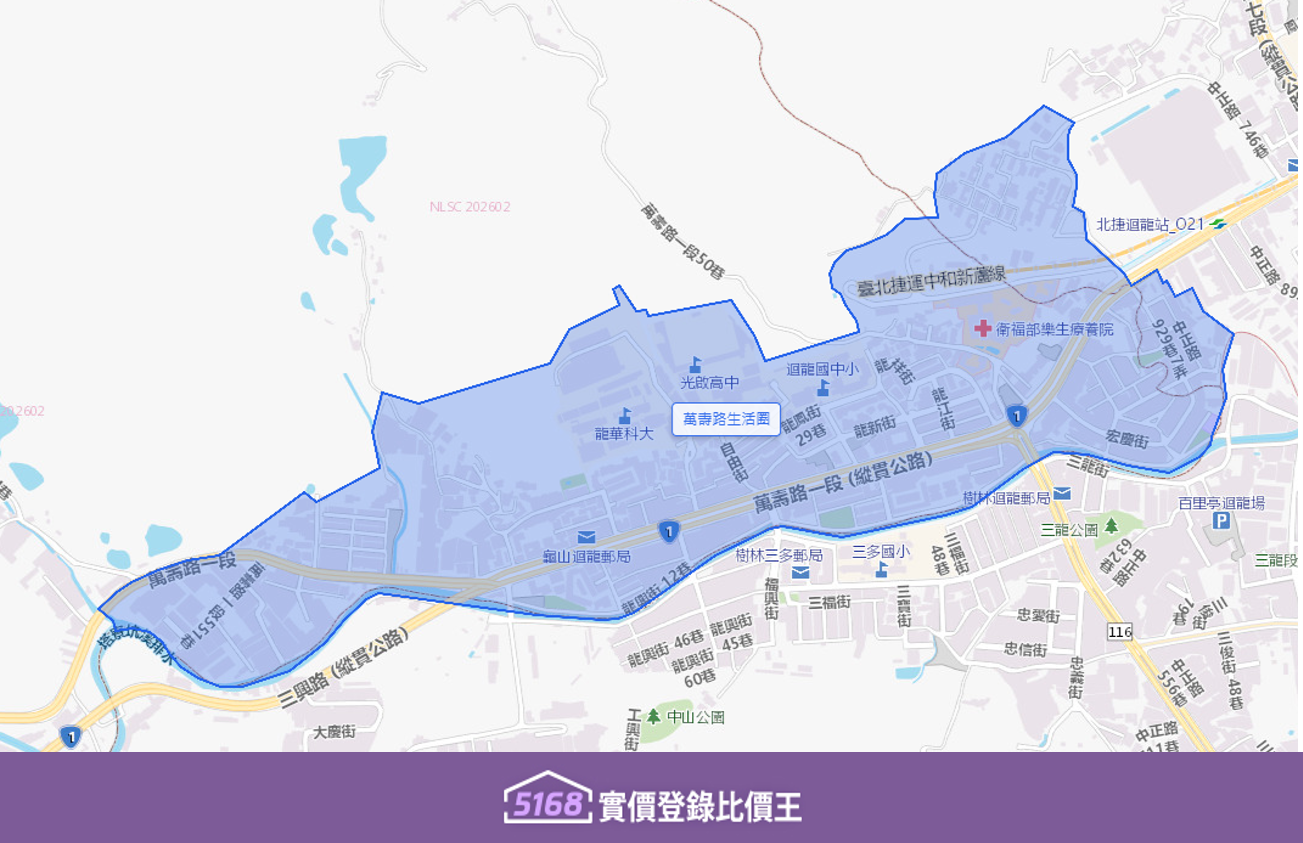 萬壽路生活圈位於桃園市龜山區的東南側，是龜山區與新北市新莊區、樹林區的交界地帶，以萬壽路為主要發展軸線。製圖／5168實價登錄比價王