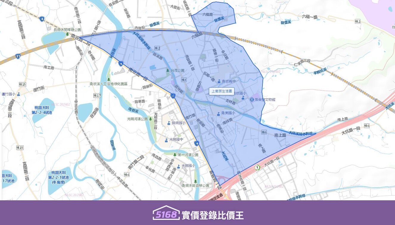 上南崁生活圈街廓多為棋盤式規劃，住宅密度較下南崁低，巷弄寬敞，居住品質高。圖／5168實價登錄比價王