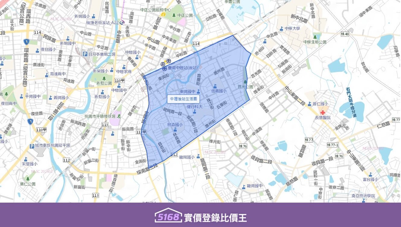 主要以中壢火車站後站出口為中心，涵蓋新興路、健行路、普義路一帶。圖／5168實價登錄比價王