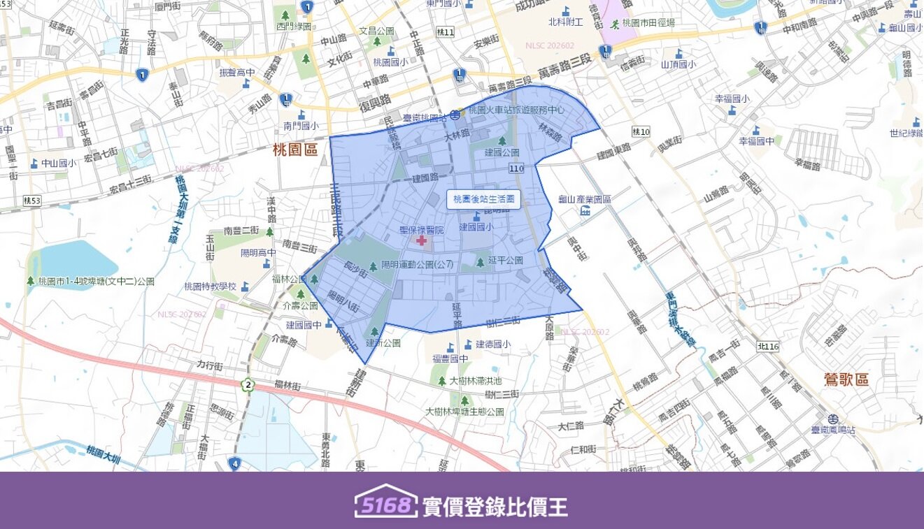 桃園後站生活圈，以桃園車站後站為核心，聯外道路為主要軸線，向龜山、八德方向擴展。圖／5168實價登錄比價王
