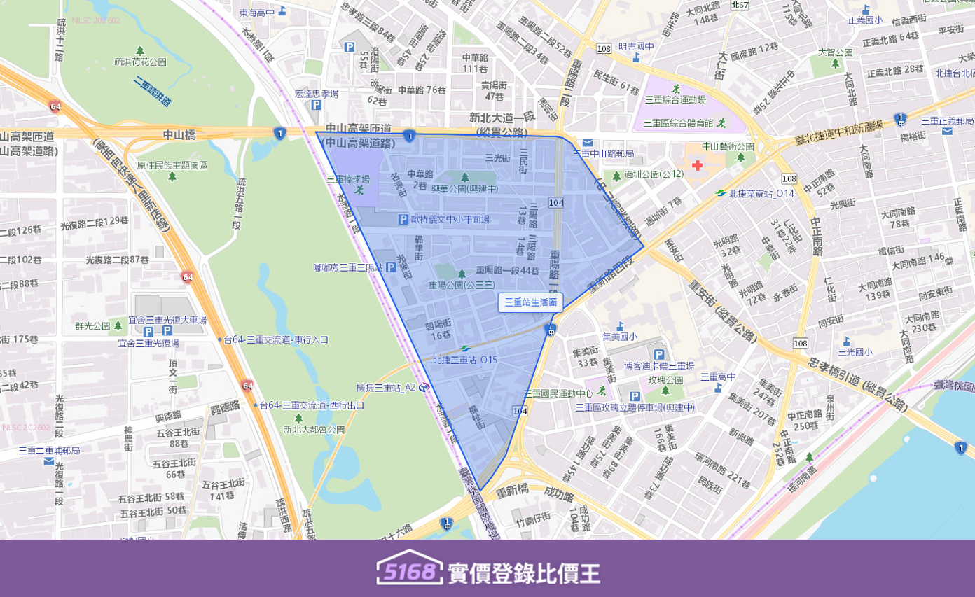 三重站生活圈不僅坐擁雙捷交匯、一橋入北市的交通優勢，且鄰近新北大都會公園，還有明星學區—集美國小，加上CITYLINK百貨已進駐開幕，成為雙北購屋熱區。製圖／5168實價登錄比價王