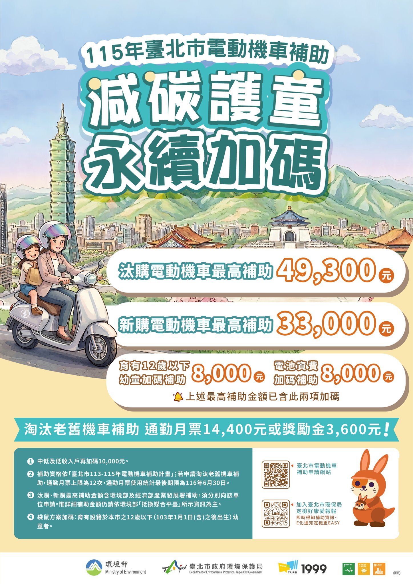 北市電動機車補助增8千，家有12歲以下孩童再加碼。圖／台北市環保局FB