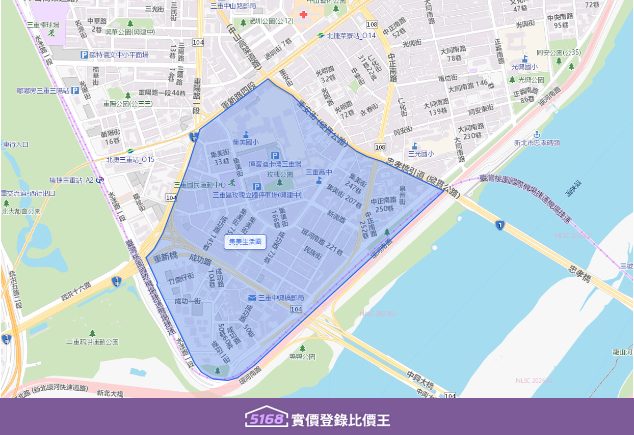 交通聯外便捷，緊鄰忠孝橋和中興橋，過橋即達台北市區的中正區和萬華區，通勤時間短。可步行至中和新蘆線的捷運菜寮站，或經由公車、短程接駁至中和新蘆線、機捷的捷運三重站，具備雙捷運效益。製圖／5168實價登錄比價王