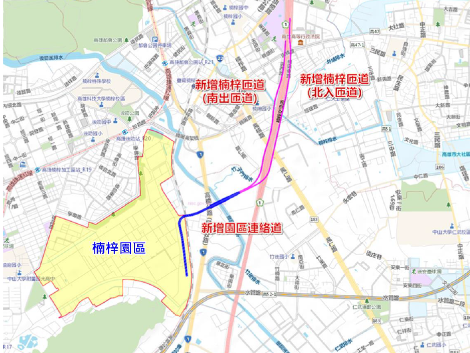 楠梓園區連外道路路線配置示意圖。圖/高雄市府提供