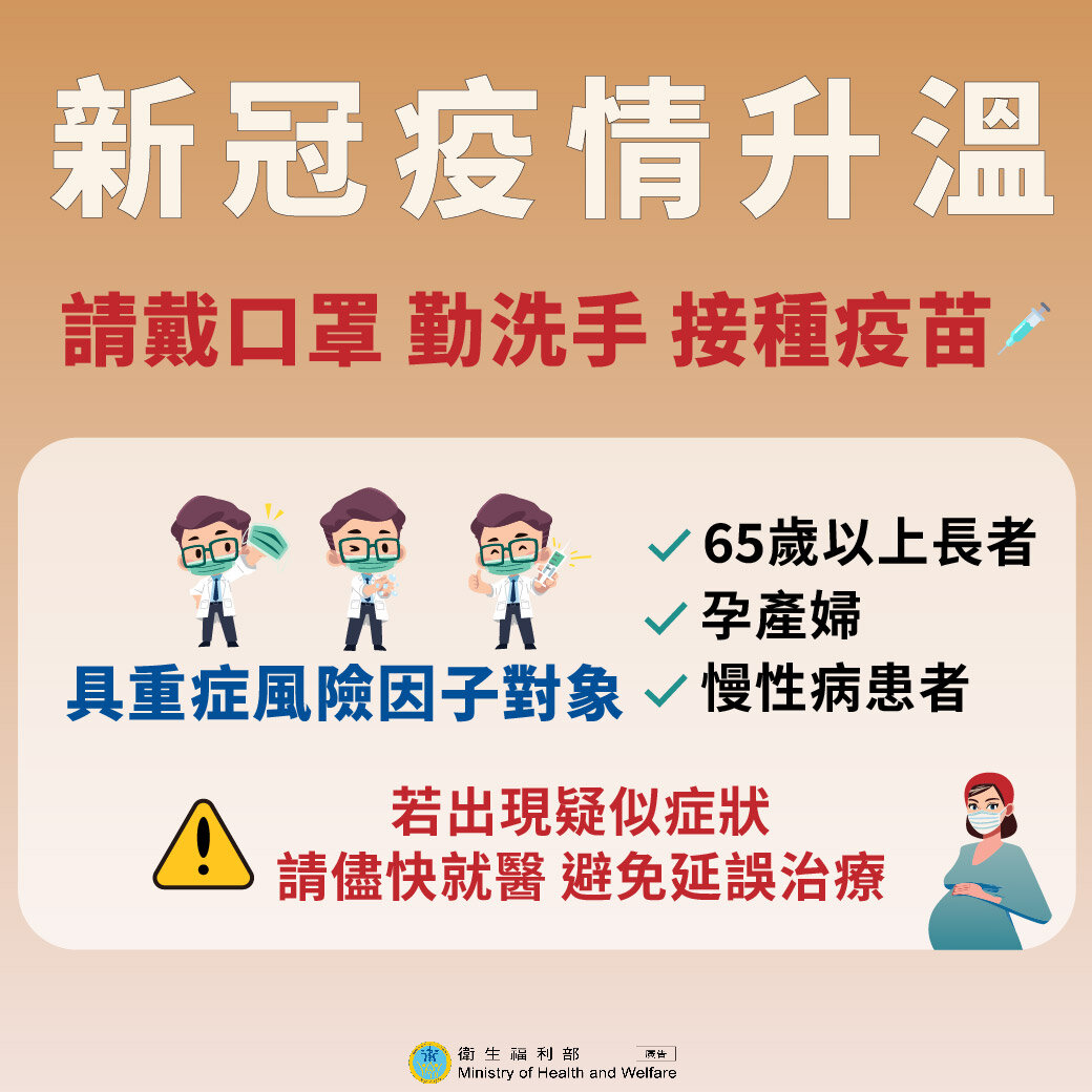 台灣新冠疫情升溫,衛福部呼籲民眾戴口罩、勤洗手、接種疫苗。圖/取自衛福部臉書粉專
