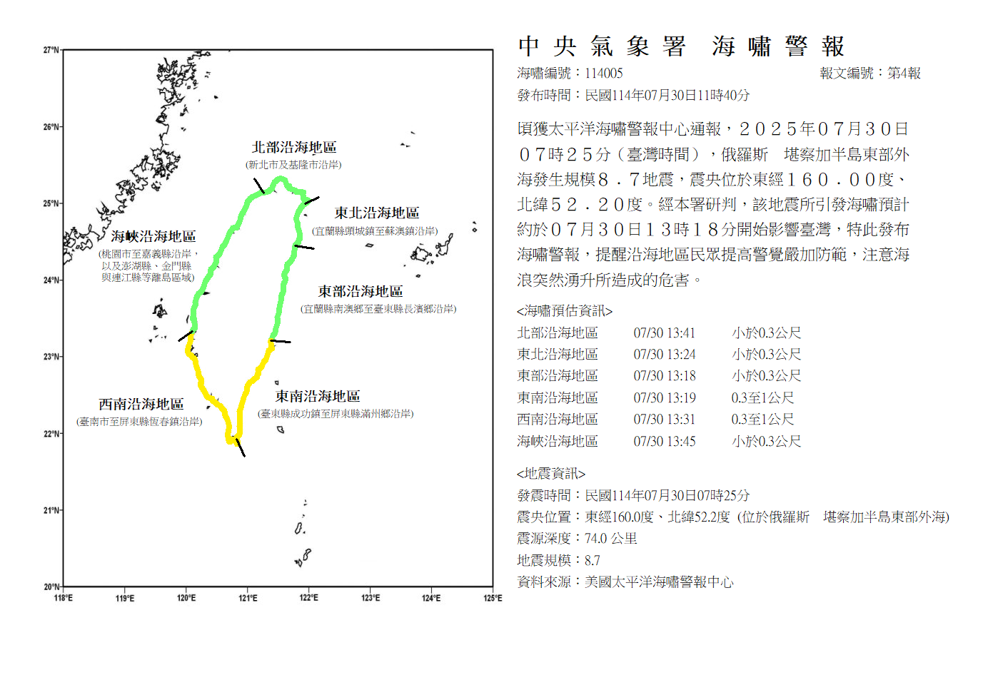 台灣沿海海嘯警報　台南、高雄、屏東無明顯巨浪