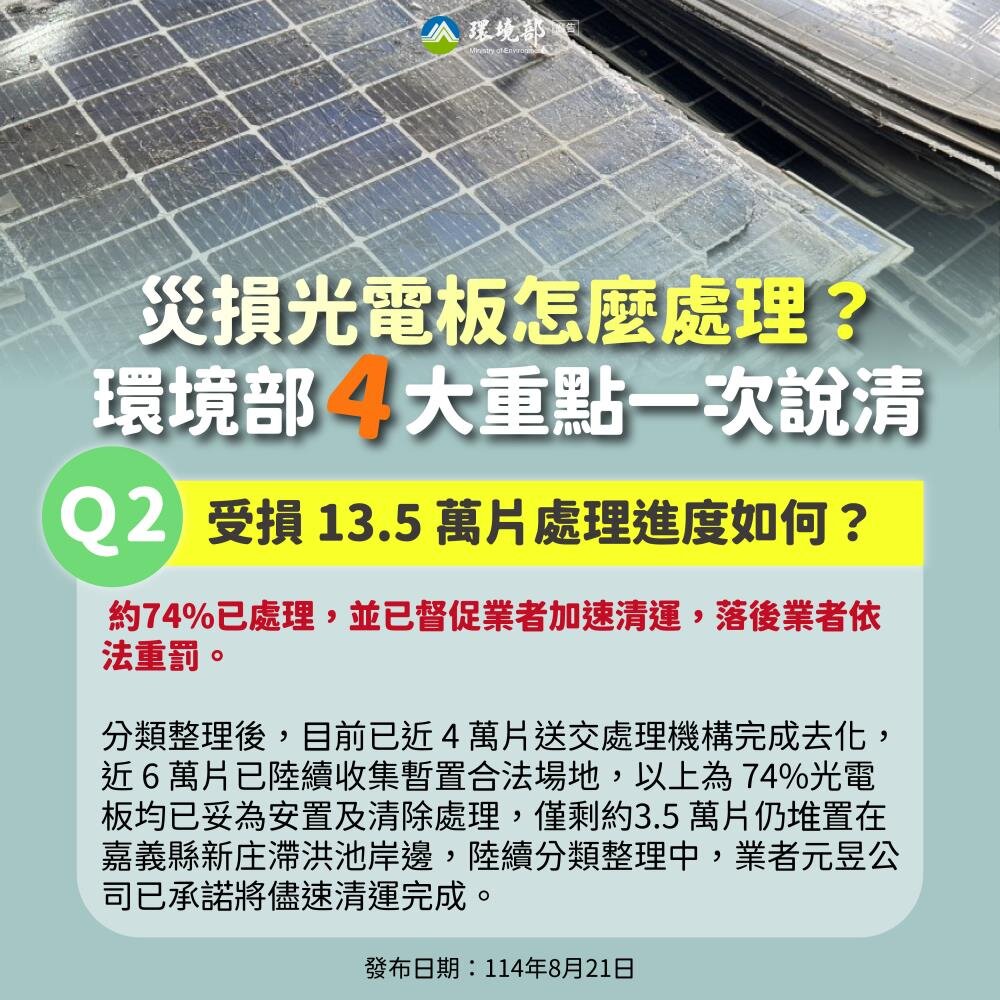 災損光電板怎麼處理?環境部4大重點一次說清楚。圖/環境部