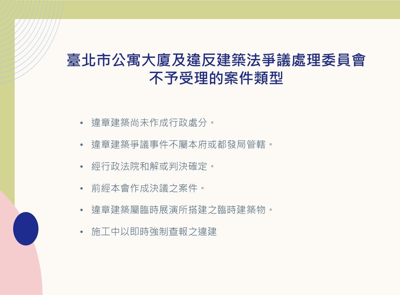 北市違反建築法爭議不予受理案件類型。圖／北市府提供