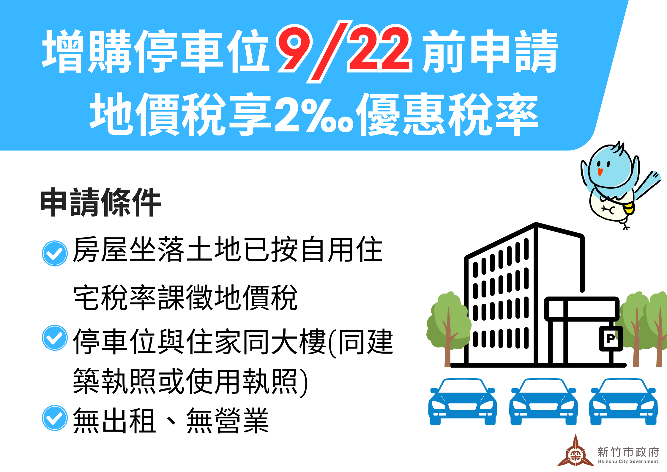 增購同棟大樓停車位同享2‰地價稅自住優惠。圖／新竹市府提供