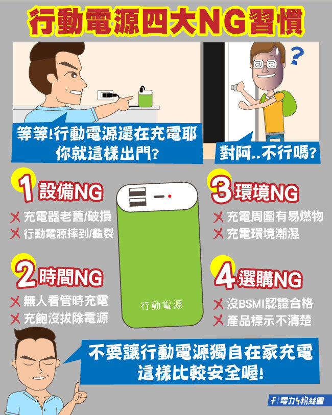 台電提醒行動電源NG習慣。圖／台電提供