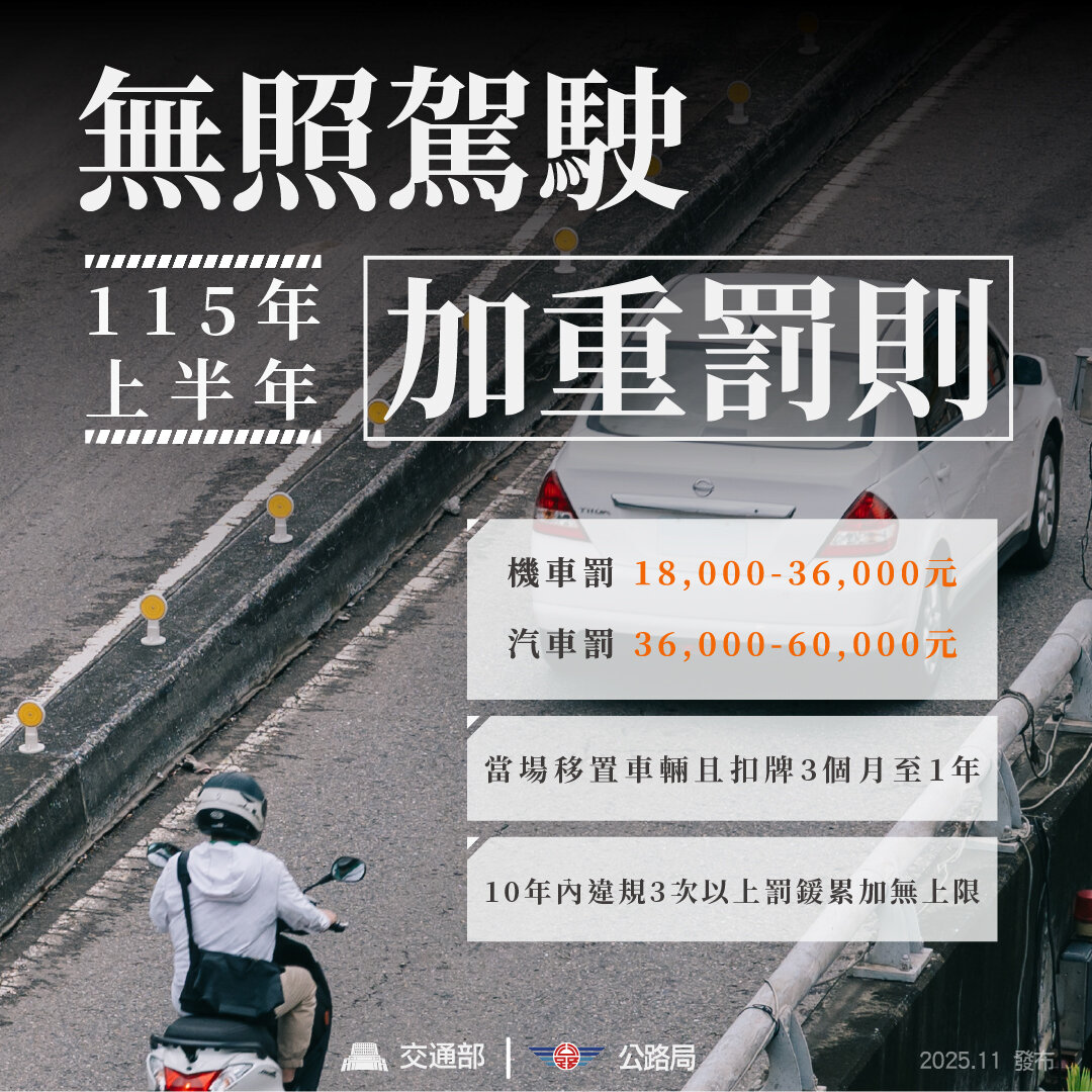 無照駕駛加重罰則　交通部擬115年上半年實施