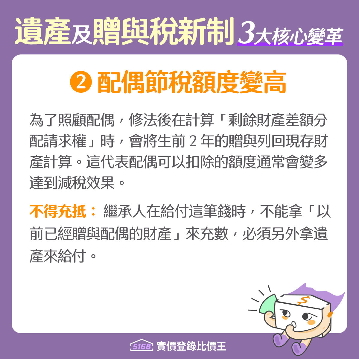 遺產及贈與稅修法，配偶節稅額度變高。製圖／5168實價登錄比價王