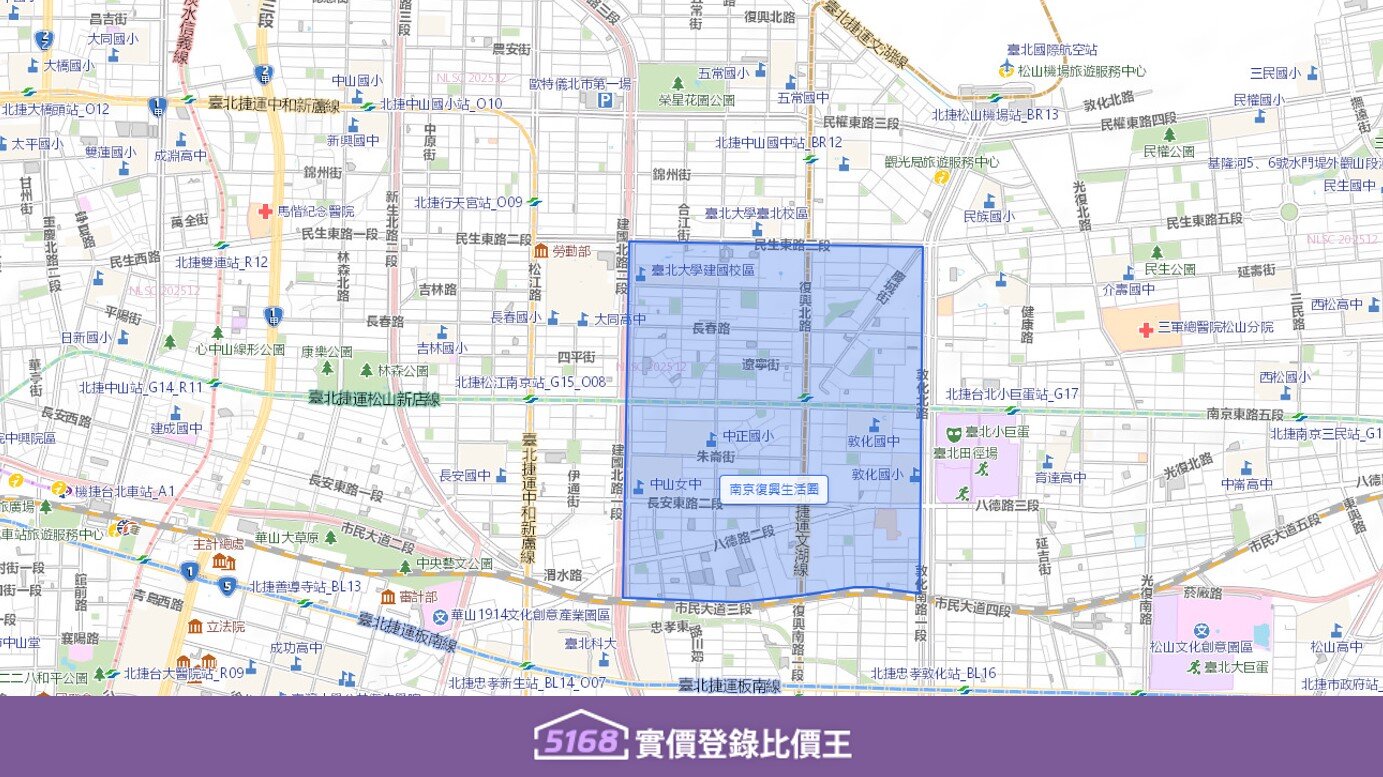 南京復興生活圈北至長春路或民生東路一帶，以南鄰近八德路二段（鄰近微風廣場）。圖／5168實價登錄比價王