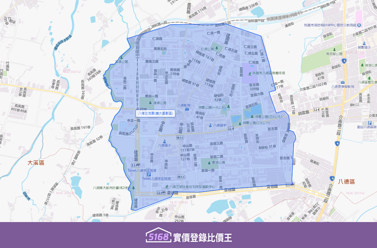 八德擴大重劃區的範圍方正，主要商業活動集中在豐德路、興豐路。製圖／5168實價登錄比價王