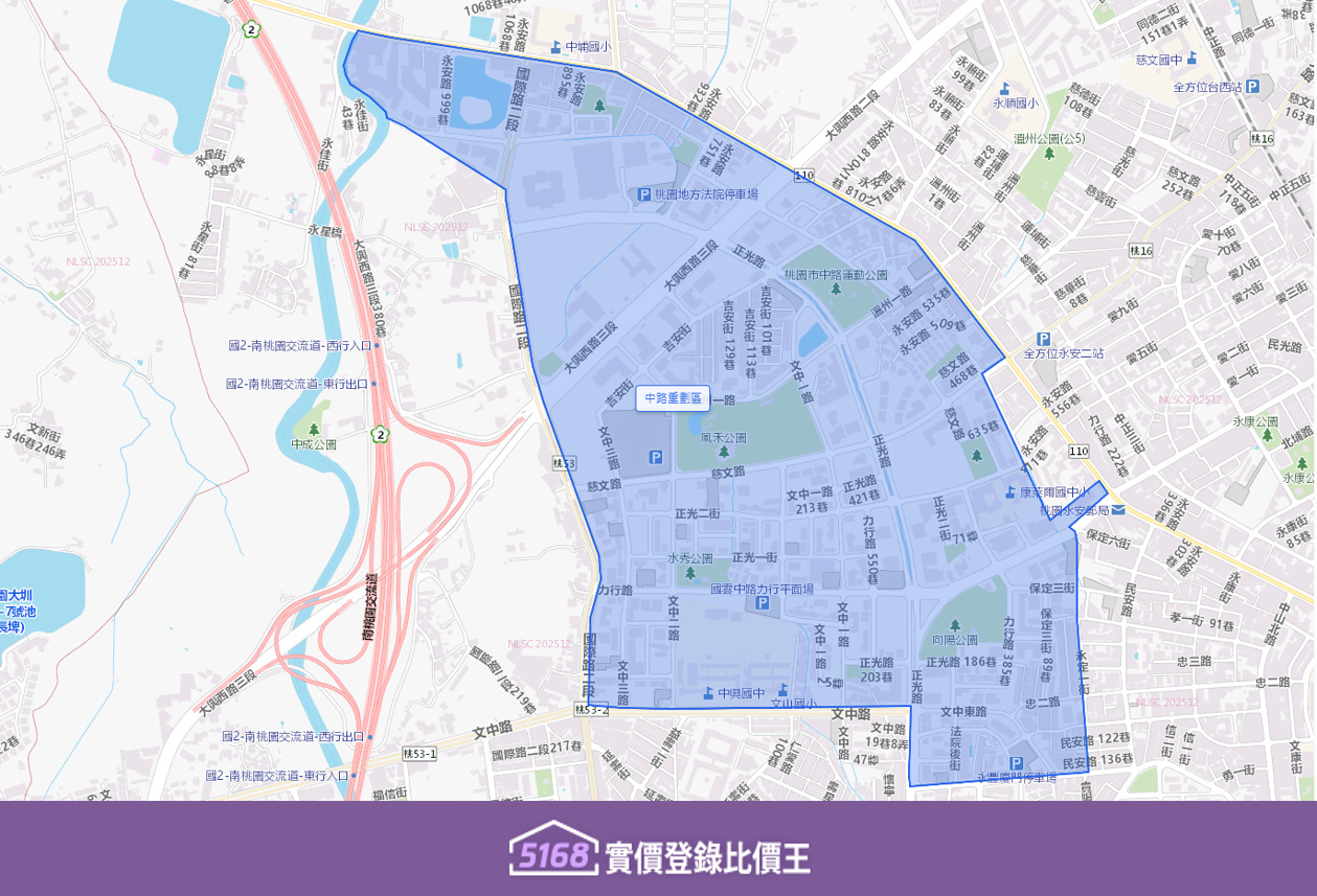 中路重劃區的範圍方正，界線多以主要道路或重要地標劃分，是桃園區內少數腹地廣闊且發展完整的重劃區。製圖／5168實價登錄比價王