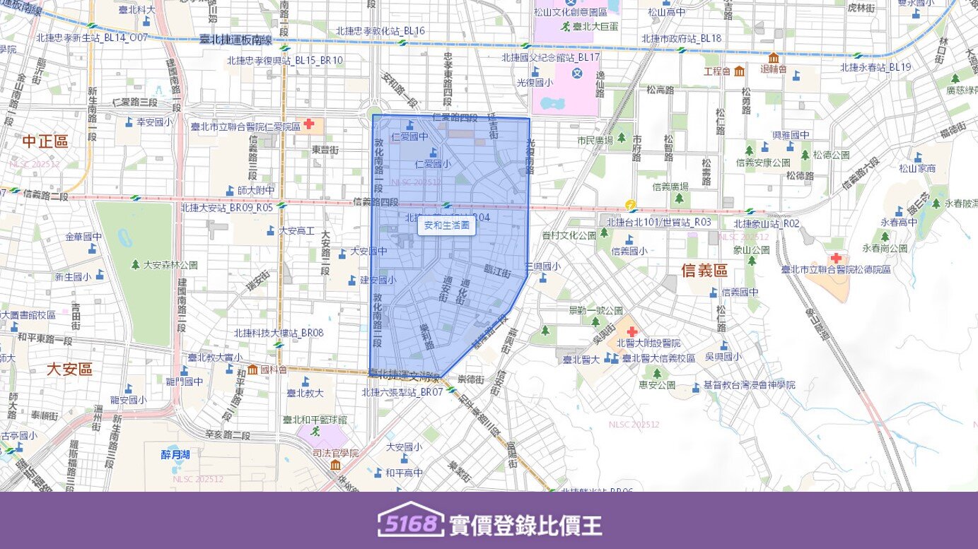 安和生活圈範圍以北至仁愛路四段、信義路四段（捷運信義安和站），以南至和平東路三段（近遠企購物中心）。圖／5168實價登錄比價王