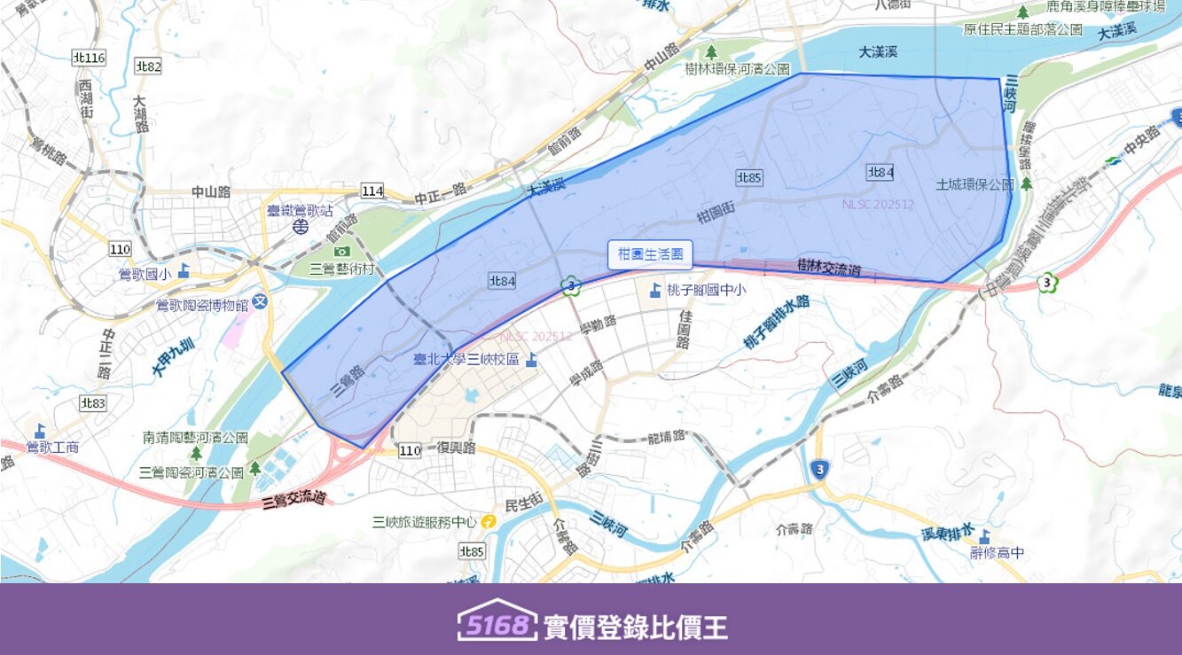 主要在新北市樹林區，包括柑園街一、二段、佳園路一、二、三段以及周邊的田尾街、西圳街等。圖／5168實價登錄比價王